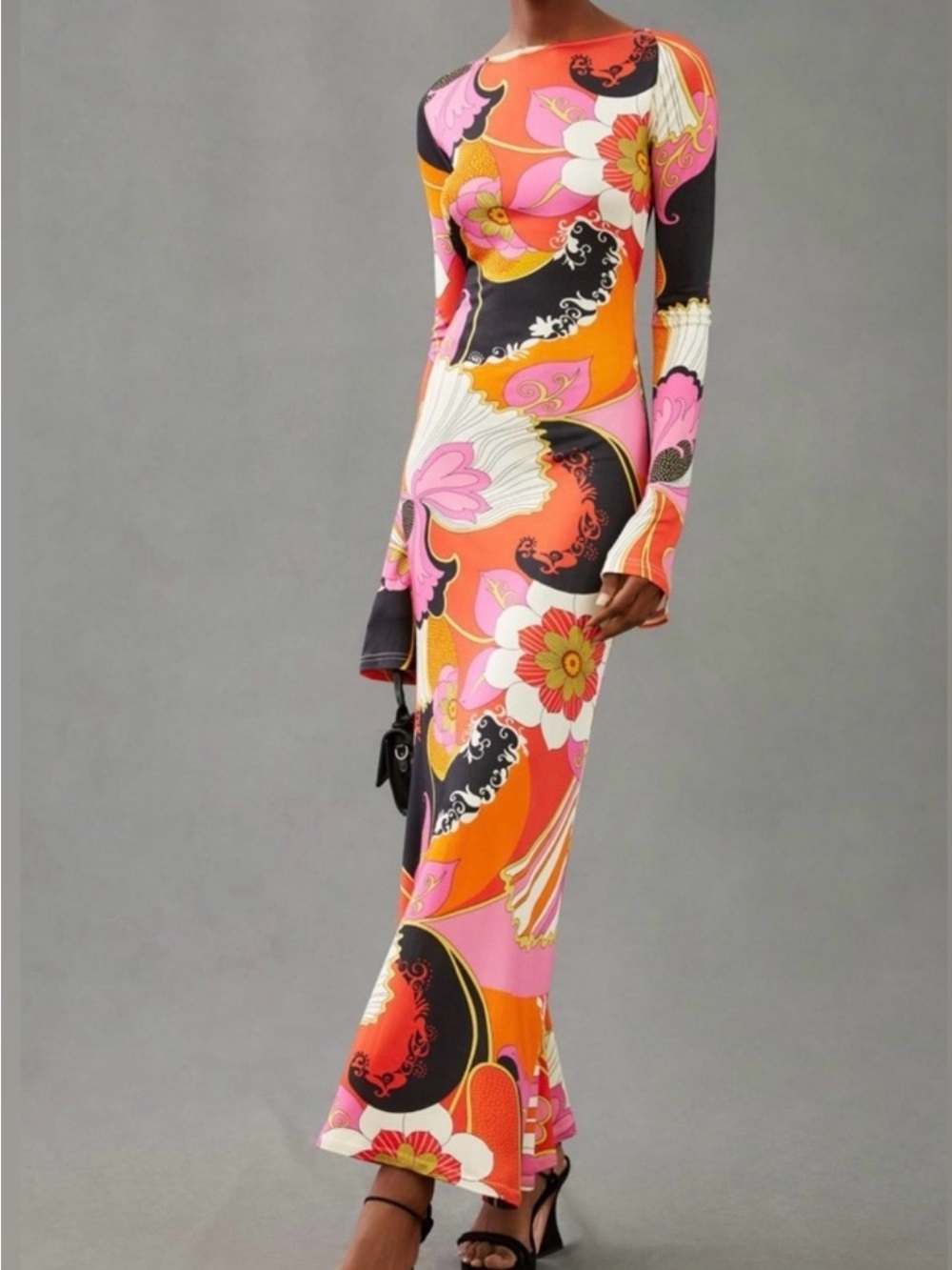 Ronny Kobo collection  Floral Maxi Dress Pink Orange Long Sleeve Size XS